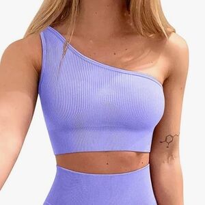 OQQ Ribbed One Shoulder Sports Bra Large Purple | Seamless Workout Top